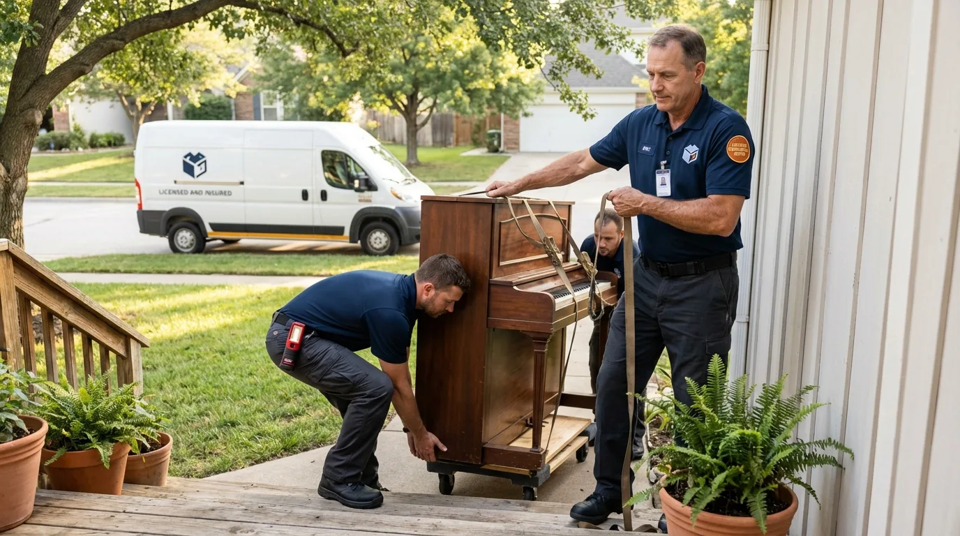 Licensed piano movers securing grand piano in East Hartford, CT