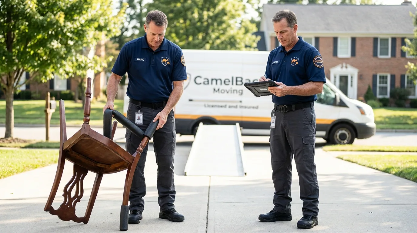 Movers inspecting furniture for damage prevention before loading in East Hartford, CT