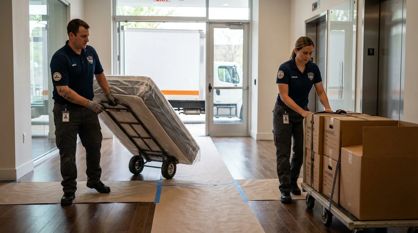 Professional apartment movers loading elevator in East Hartford, CT