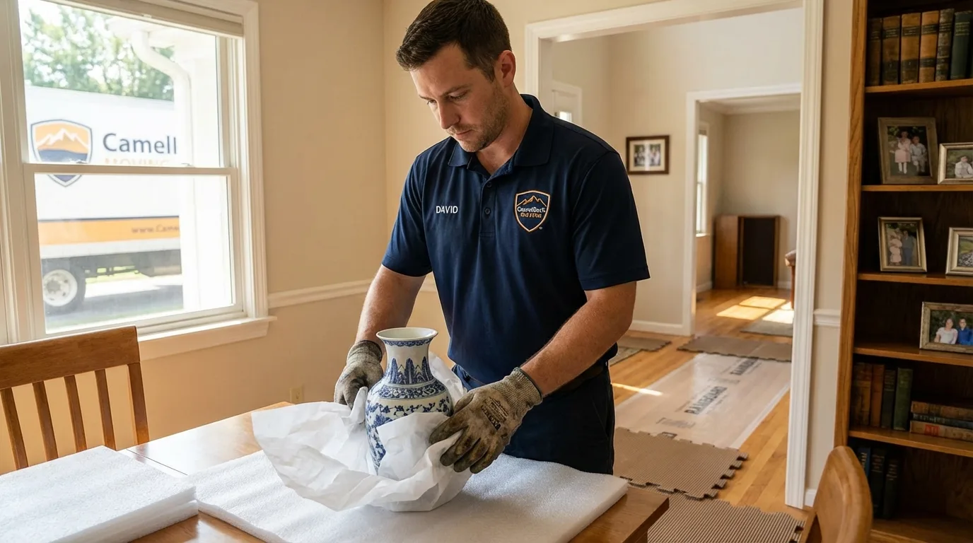 Professional crew carefully wrapping antique vase for senior downsizing move in East Hartford, CT