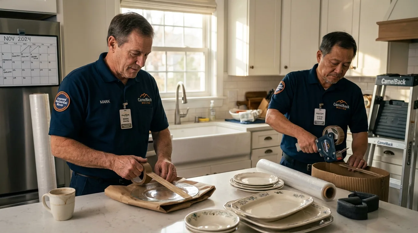 Professional crew packing kitchen dishware in East Hartford, CT